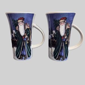 Christmas Holiday Santa Tall Latte‎ Mugs Set Blue Dishwasher Microwave Safe Cups